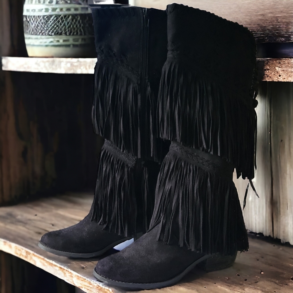 *SOLD* Not Rated' 16" Blk Faux Suede Layered fringed boot with a zip closure 7.5